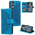 For Sony Xperia 1 VII Totem Flower Embossed Leather Phone Case with Lanyard(Blue)