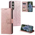 For Sony Xperia 1 VII Totem Flower Embossed Leather Phone Case with Lanyard(Rose Gold)