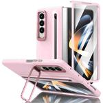 For Samsung Galaxy Z Fold4 5G Integrated Skin Feel Lens Folding Holder Pen Slot Shockproof Phone Case with Pen(Pink)