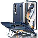 For Samsung Galaxy Z Fold4 5G Integrated Skin Feel Lens Folding Holder Pen Slot Shockproof Phone Case with Pen(Dark Blue)