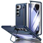 For Samsung Galaxy Z Fold5 5G Integrated Skin Feel Lens Folding Holder Pen Slot Shockproof Phone Case with Pen(Dark Blue)