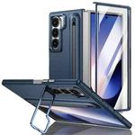 For Samsung Galaxy Z Fold6 5G Integrated Skin Feel Lens Folding Holder Pen Slot Shockproof Phone Case with Pen(Dark Blue)