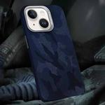 For iPhone 14 Camouflage Leather Metal Frame MagSafe PC Phone Case(Blue)