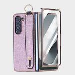 For Samsung Galaxy Z Fold6 5G Integrated Electroplated PC Glitter Texture Shockproof Phone Case with Wrist Strap / Ring(Pink)
