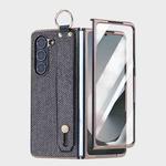For Samsung Galaxy Z Fold5 5G Integrated Electroplated PC Glitter Texture Shockproof Phone Case with Wrist Strap / Ring(Black)