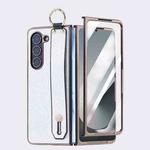 For Samsung Galaxy Z Fold5 5G Integrated Electroplated PC Glitter Texture Shockproof Phone Case with Wrist Strap / Ring(White)