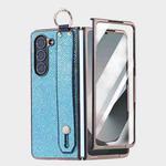 For Samsung Galaxy Z Fold5 5G Integrated Electroplated PC Glitter Texture Shockproof Phone Case with Wrist Strap / Ring(Blue)