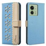 For Motorola Edge 40 Splicing Color Hollow Flower Pattern RFID Leather Phone Case(Baby Blue)