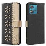 For Motorola Edge 40 Neo Splicing Color Hollow Flower Pattern RFID Leather Phone Case(Black)