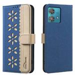 For Motorola Edge 40 Neo Splicing Color Hollow Flower Pattern RFID Leather Phone Case(Dark Blue)