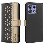For Motorola Edge 50 Pro Splicing Color Hollow Flower Pattern RFID Leather Phone Case(Black)