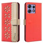 For Motorola Edge 50 Pro Splicing Color Hollow Flower Pattern RFID Leather Phone Case(Red)
