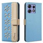 For Motorola Edge 50 Pro Splicing Color Hollow Flower Pattern RFID Leather Phone Case(Baby Blue)