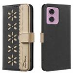 For Motorola Moto G04 / G24 / E14 Splicing Color Hollow Flower Pattern RFID Leather Phone Case(Black)