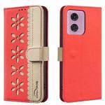 For Motorola Moto G04 / G24 / E14 Splicing Color Hollow Flower Pattern RFID Leather Phone Case(Red)