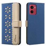 For Motorola Moto G05 / E15 Splicing Color Hollow Flower Pattern RFID Leather Phone Case(Dark Blue)