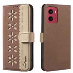 For Motorola Moto G05 / E15 Splicing Color Hollow Flower Pattern RFID Leather Phone Case(Brown)