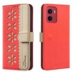 For Motorola Moto G05 / E15 Splicing Color Hollow Flower Pattern RFID Leather Phone Case(Red)
