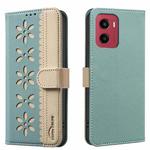 For Motorola Moto G05 / E15 Splicing Color Hollow Flower Pattern RFID Leather Phone Case(Green)