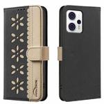 For Motorola Moto G13 4G / G23 4G Splicing Color Hollow Flower Pattern RFID Leather Phone Case(Black)