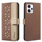 For Motorola Moto G13 4G / G23 4G Splicing Color Hollow Flower Pattern RFID Leather Phone Case(Brown)
