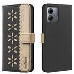 For Motorola Moto G14 4G / G54 5G EU Splicing Color Hollow Flower Pattern RFID Leather Phone Case(Black)
