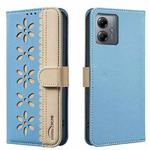 For Motorola Moto G14 4G / G54 5G EU Splicing Color Hollow Flower Pattern RFID Leather Phone Case(Baby Blue)