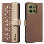 For Motorola Moto G15 Splicing Color Hollow Flower Pattern RFID Leather Phone Case(Brown)