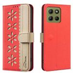 For Motorola Moto G15 Splicing Color Hollow Flower Pattern RFID Leather Phone Case(Red)