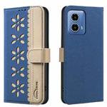 For Motorola Moto G34 Splicing Color Hollow Flower Pattern RFID Leather Phone Case(Dark Blue)