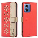 For Motorola Moto G34 Splicing Color Hollow Flower Pattern RFID Leather Phone Case(Red)