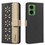 For Motorola Moto G35 Splicing Color Hollow Flower Pattern RFID Leather Phone Case(Black)