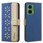 For Motorola Moto G35 Splicing Color Hollow Flower Pattern RFID Leather Phone Case(Dark Blue)