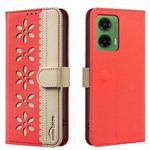 For Motorola Moto G35 Splicing Color Hollow Flower Pattern RFID Leather Phone Case(Red)