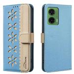 For Motorola Moto G35 Splicing Color Hollow Flower Pattern RFID Leather Phone Case(Baby Blue)