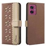 For Motorola Moto G55 Splicing Color Hollow Flower Pattern RFID Leather Phone Case(Brown)