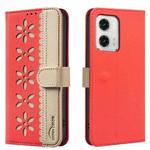For Motorola Moto G73 Splicing Color Hollow Flower Pattern RFID Leather Phone Case(Red)