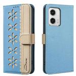 For Motorola Moto G73 Splicing Color Hollow Flower Pattern RFID Leather Phone Case(Baby Blue)