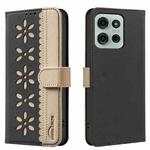 For Motorola Moto G75 5G Splicing Color Hollow Flower Pattern RFID Leather Phone Case(Black)