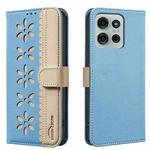 For Motorola Moto G75 5G Splicing Color Hollow Flower Pattern RFID Leather Phone Case(Baby Blue)