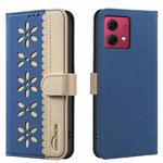 For Motorola Moto G84 Splicing Color Hollow Flower Pattern RFID Leather Phone Case(Dark Blue)