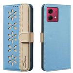For Motorola Moto G84 Splicing Color Hollow Flower Pattern RFID Leather Phone Case(Baby Blue)