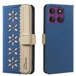 For Motorola Edge 60 Pro Splicing Color Hollow Flower Pattern RFID Leather Phone Case(Dark Blue)
