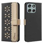 For Motorola Moto G56 5G Splicing Color Hollow Flower Pattern RFID Leather Phone Case(Black)