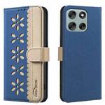 For Motorola Moto G56 5G Splicing Color Hollow Flower Pattern RFID Leather Phone Case(Dark Blue)