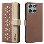 For Motorola Moto G56 5G Splicing Color Hollow Flower Pattern RFID Leather Phone Case(Brown)