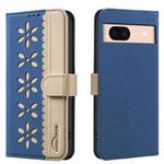 For Google Pixel 8A Splicing Color Hollow Flower Pattern RFID Leather Phone Case(Dark Blue)