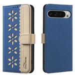 For Google Pixel 8 Splicing Color Hollow Flower Pattern RFID Leather Phone Case(Dark Blue)