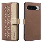 For Google Pixel 8 Splicing Color Hollow Flower Pattern RFID Leather Phone Case(Brown)