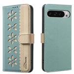 For Google Pixel 8 Splicing Color Hollow Flower Pattern RFID Leather Phone Case(Green)